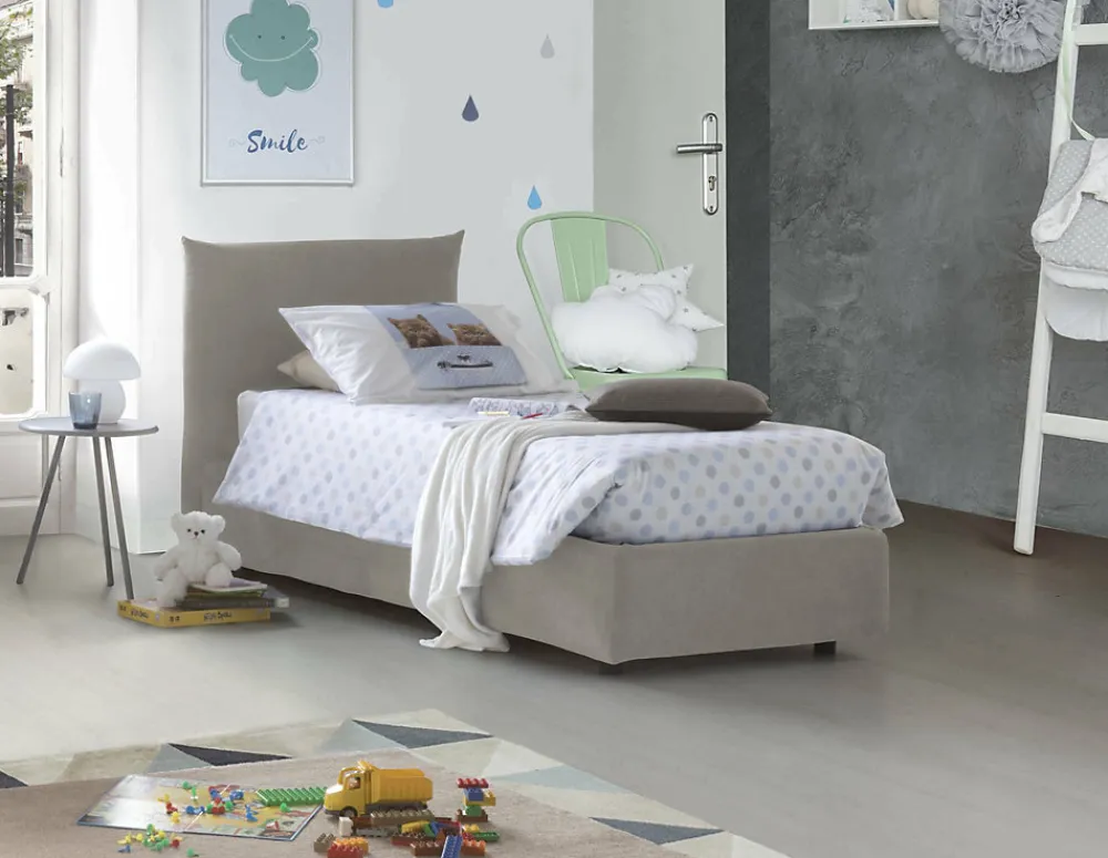 Lit simple Dborbe, Lit coffre avec revêtement en tissu, Ouverture latérale, avec matelas 80x190 cm inclus, Beige>Talamo Italia Sale