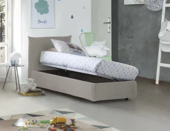 Lit simple Dborbe, Lit coffre avec revêtement en tissu, Ouverture latérale, avec matelas 80x190 cm inclus, Beige><noscript><img width=