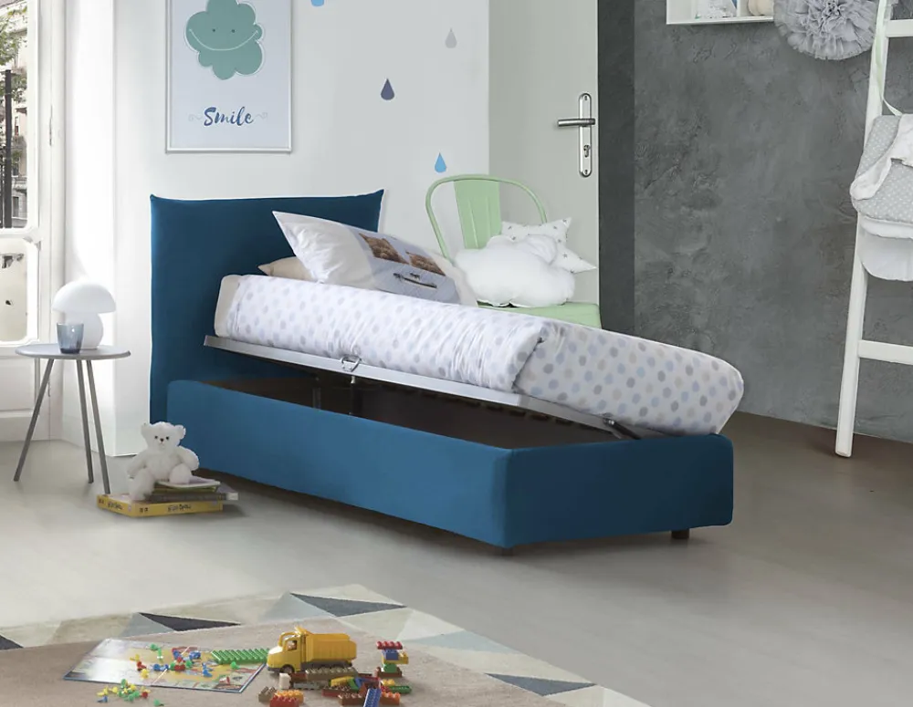 Lit simple Dborbe, Lit coffre avec revêtement en tissu, Ouverture latérale, avec matelas 80x190 cm inclus, Bleu>Talamo Italia Sale