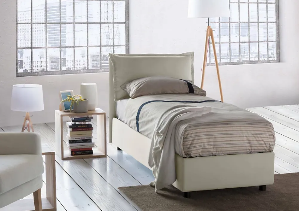 Talamo Italia Lit simple Dloset, Lit coffre avec revêtement en tissu, Ouverture frontale, avec matelas 90x190 cm inclus, Beige* Lit Coffre