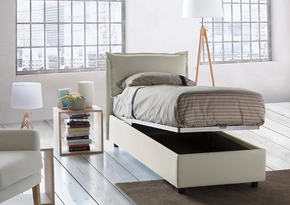 Talamo Italia Lit simple Dloset, Lit coffre avec revêtement en tissu, Ouverture frontale, avec matelas 90x190 cm inclus, Beige* Lit Coffre