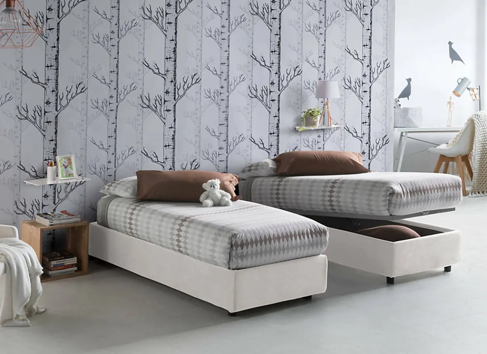 Talamo Italia Lit simple Dmaiell, Lit coffre avec revêtement en tissu, Ouverture frontale, avec matelas 80x200 cm inclus, Blanc* Lit Coffre