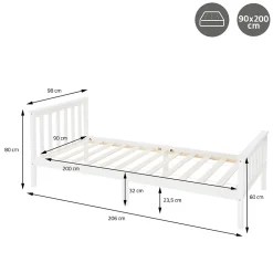 Ml-Design Lit simple en bois de pin blanc d'adolescents avec sommier à lattes 200x90 cm* Lit Simple