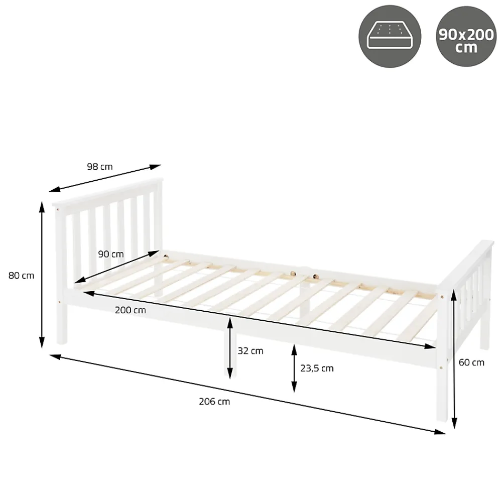 Ml-Design Lit simple en bois de pin blanc d'adolescents avec sommier à lattes 200x90 cm* Lit Simple