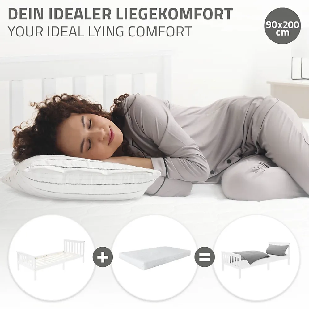 Ml-Design Lit simple en bois de pin blanc d'adolescents avec sommier à lattes 200x90 cm* Lit Simple
