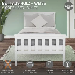 Ml-Design Lit simple en bois de pin blanc d'adolescents avec sommier à lattes 200x90 cm* Lit Simple