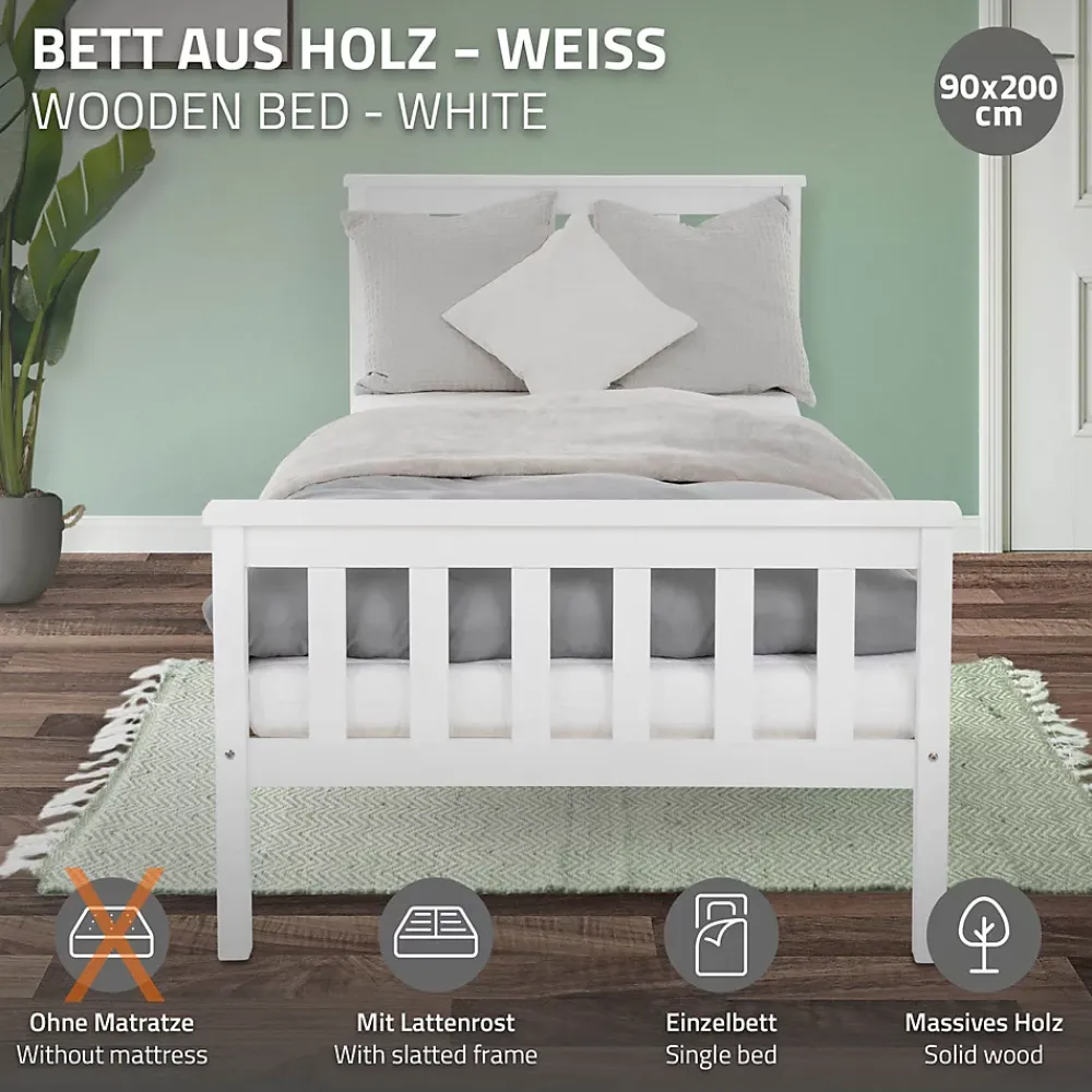 Ml-Design Lit simple en bois de pin blanc d'adolescents avec sommier à lattes 200x90 cm* Lit Simple
