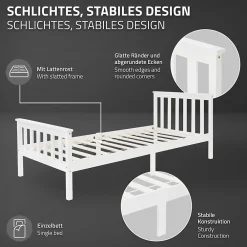 Ml-Design Lit simple en bois de pin blanc d'adolescents avec sommier à lattes 200x90 cm* Lit Simple