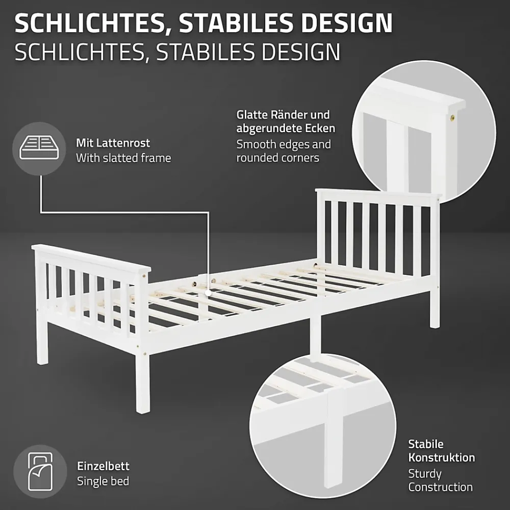 Ml-Design Lit simple en bois de pin blanc d'adolescents avec sommier à lattes 200x90 cm* Lit Simple