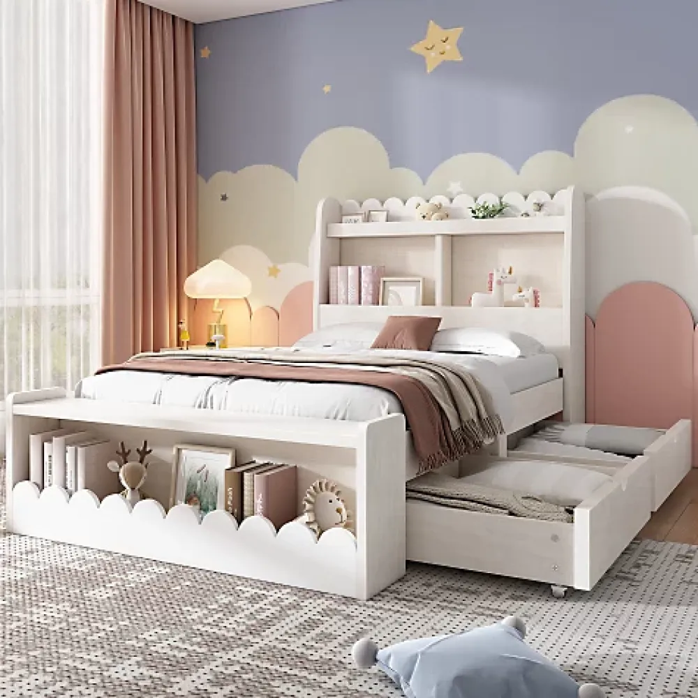 ModernLuxe Lit simple en bois 90x190cm - avec 2 tiroirs et étagères - Blanc (matelas non inclus)* Lit Simple