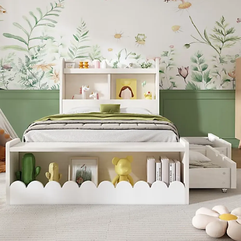 ModernLuxe Lit simple en bois 90x190cm - avec 2 tiroirs et étagères - Blanc (matelas non inclus)* Lit Simple