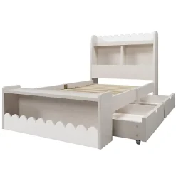 ModernLuxe Lit simple en bois 90x190cm - avec 2 tiroirs et étagères - Blanc (matelas non inclus)* Lit Simple