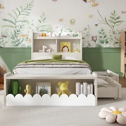 Lit simple en bois 90x200cm - avec 2 tiroirs et étagères - Blanc (matelas non inclus)><noscript><img width=
