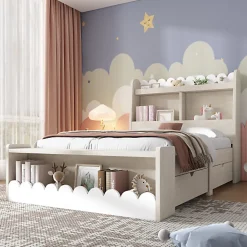 Lit simple en bois 90x200cm - avec 2 tiroirs et étagères - Blanc (matelas non inclus)><noscript><img width=