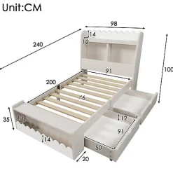 Lit simple en bois 90x200cm - avec 2 tiroirs et étagères - Blanc (matelas non inclus)><noscript><img width=