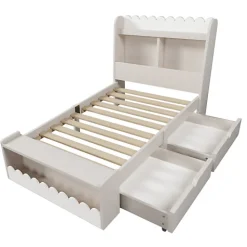 Lit simple en bois 90x200cm - avec 2 tiroirs et étagères - Blanc (matelas non inclus)><noscript><img width=
