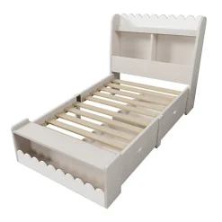 Lit simple en bois 90x200cm - avec 2 tiroirs et étagères - Blanc (matelas non inclus)><noscript><img width=