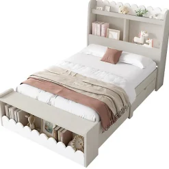 Lit simple en bois 90x200cm - avec 2 tiroirs et étagères - Blanc (matelas non inclus)><noscript><img width=