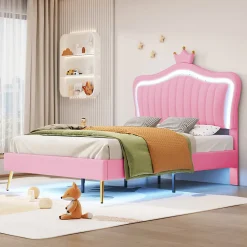 Lit simple enfant 90x200 cm - Lit capitonné avec LED en forme de couronne pour fille - Cuir synthétique - Sans matelas - Rose><noscript><img width=