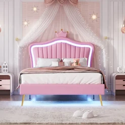 Lit simple enfant 90x200 cm - Lit capitonné avec LED en forme de couronne pour fille - Cuir synthétique - Sans matelas - Rose><noscript><img width=