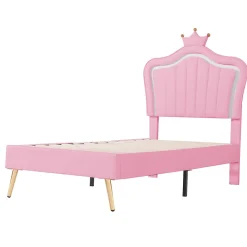 Lit simple enfant 90x200 cm - Lit capitonné avec LED en forme de couronne pour fille - Cuir synthétique - Sans matelas - Rose><noscript><img width=
