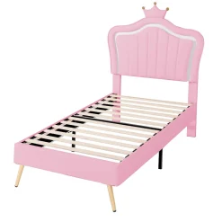 Lit simple enfant 90x200 cm - Lit capitonné avec LED en forme de couronne pour fille - Cuir synthétique - Sans matelas - Rose><noscript><img width=