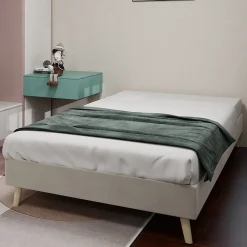 Lit Simple Enfant 90x200 cm - sans Tête de Lit, Revêtement en Velours et Cadre Bas, Composite et Métal, sans Matelas, Beige><noscript><img width=