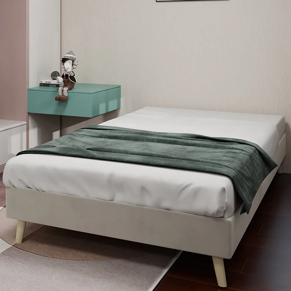 Lit Simple Enfant 90x200 cm - sans Tête de Lit, Revêtement en Velours et Cadre Bas, Composite et Métal, sans Matelas, Beige>Okwish Sale