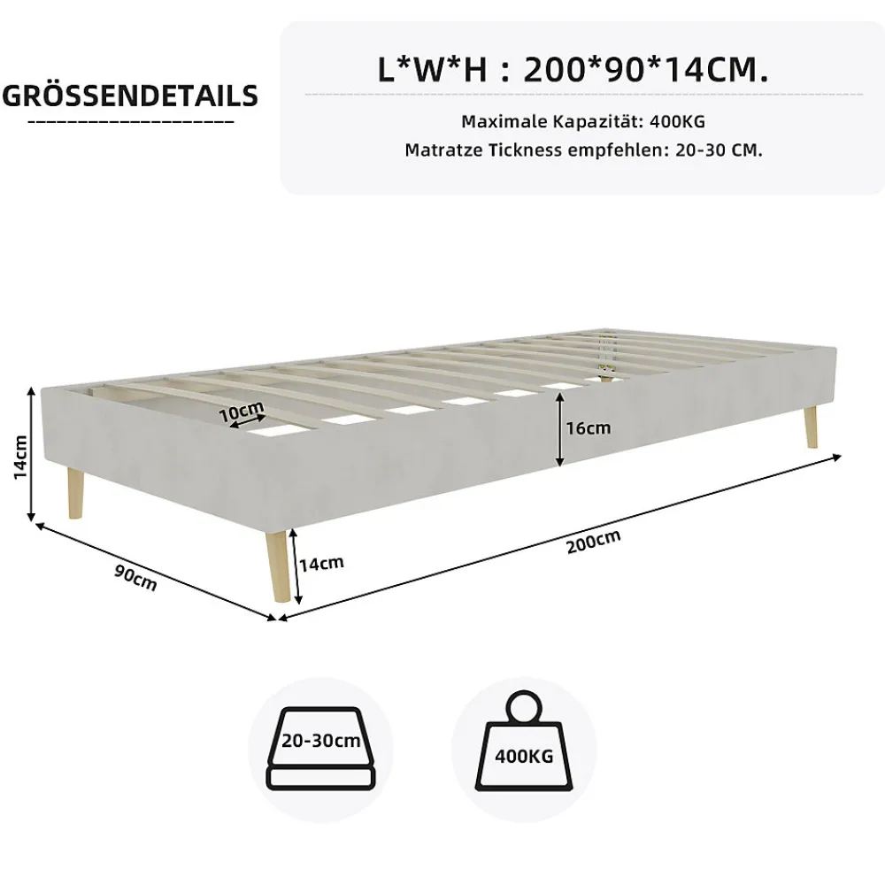 Lit Simple Enfant 90x200 cm - sans Tête de Lit, Revêtement en Velours et Cadre Bas, Composite et Métal, sans Matelas, Beige>Okwish Sale
