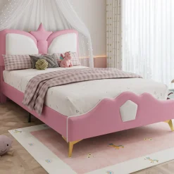 Lit Simple Enfant 90x200 cm, Tête de Lit Forme Couronne et Bordures Anti-Chocs, PU Mousse Contreplaqué, Sans Matelas, Rose/Blanc>Okwish