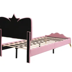 Lit Simple Enfant 90x200 cm, Tête de Lit Forme Couronne et Bordures Anti-Chocs, PU Mousse Contreplaqué, Sans Matelas, Rose/Blanc><noscript><img width=