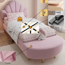 Lit Simple Enfant 90x200 cm, Tête de Lit Velours, Banc de Bout de Lit, Mousse Anti-Chocs, Contreplaqué, Sans Matelas, Rose><noscript><img width=