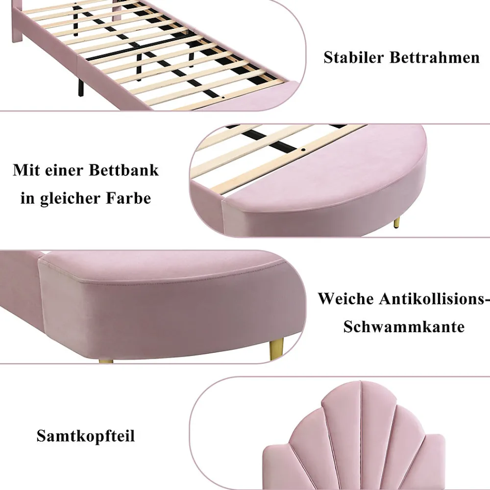 Lit Simple Enfant 90x200 cm, Tête de Lit Velours, Banc de Bout de Lit, Mousse Anti-Chocs, Contreplaqué, Sans Matelas, Rose>Okwish Online