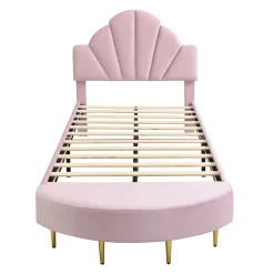 Lit Simple Enfant 90x200 cm, Tête de Lit Velours, Banc de Bout de Lit, Mousse Anti-Chocs, Contreplaqué, Sans Matelas, Rose><noscript><img width=