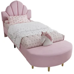 Lit Simple Enfant 90x200 cm, Tête de Lit Velours, Banc de Bout de Lit, Mousse Anti-Chocs, Contreplaqué, Sans Matelas, Rose><noscript><img width=