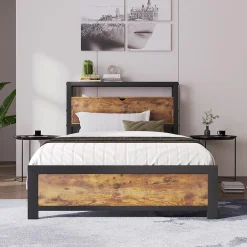 Lit simple industriel avec tête de lit rangement bois noyer 90x200cm>Urban Meuble Best