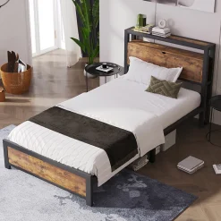 Lit simple industriel avec tête de lit rangement bois noyer 90x200cm><noscript><img width=