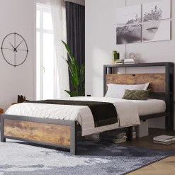 Lit simple industriel avec tête de lit rangement bois noyer 90x200cm><noscript><img width=