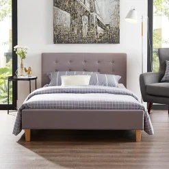 Lit simple LILLE, 120 x 190 cm, capitonné avec sommier, revêtement en tissu gris><noscript><img width=