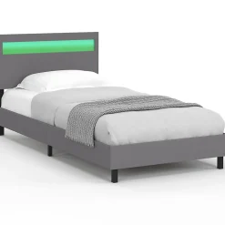 IDMarket Lit simple NEO avec tête de lit LED intégrées et sommier 90 x 190 cm PVC gris* Lit Avec Rangement