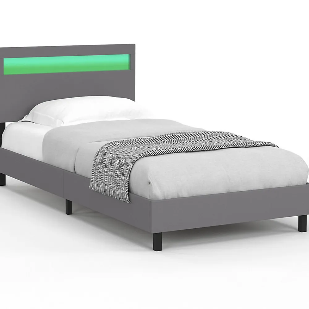 IDMarket Lit simple NEO avec tête de lit LED intégrées et sommier 90 x 190 cm PVC gris* Lit Avec Rangement