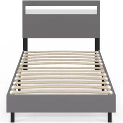 IDMarket Lit simple NEO avec tête de lit LED intégrées et sommier 90 x 190 cm PVC gris* Lit Avec Rangement