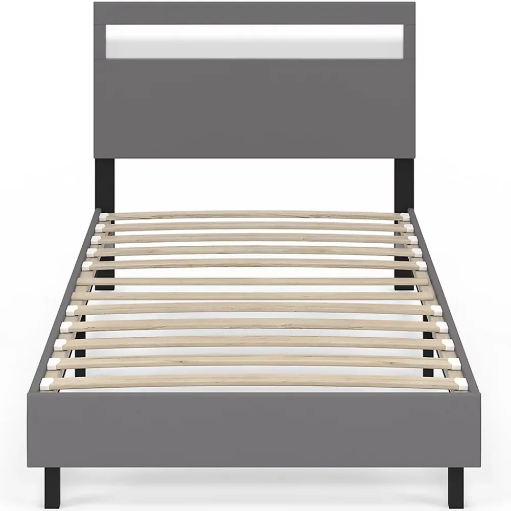 IDMarket Lit simple NEO avec tête de lit LED intégrées et sommier 90 x 190 cm PVC gris* Lit Avec Rangement