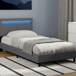 IDMarket Lit simple NEO avec tête de lit LED intégrées et sommier 90 x 190 cm PVC gris* Lit Avec Rangement