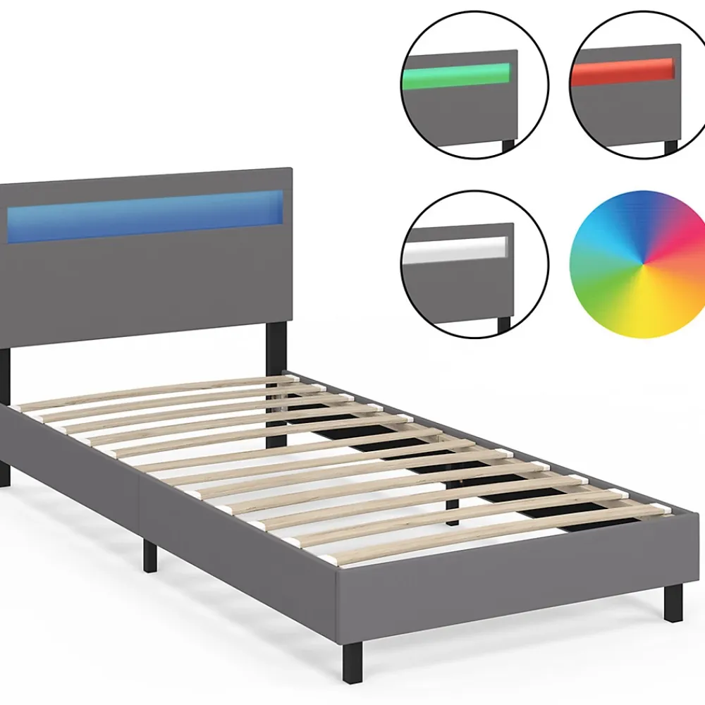 IDMarket Lit simple NEO avec tête de lit LED intégrées et sommier 90 x 190 cm PVC gris* Lit Avec Rangement