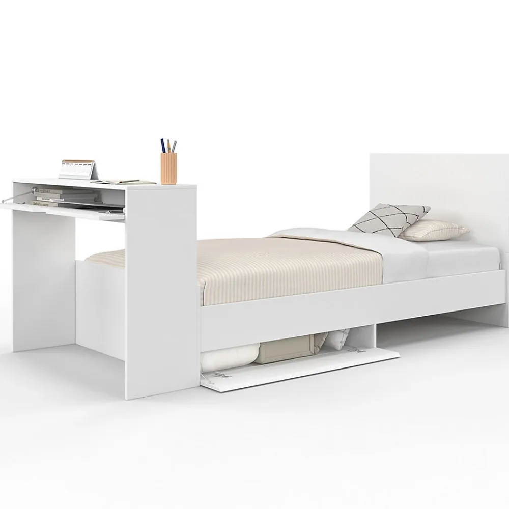 IDMarket Lit simple OMAHA 90 x 190 cm avec sommier, tête de lit, bureau et rangements blanc* Lit Avec Rangement