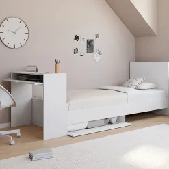 IDMarket Lit simple OMAHA 90 x 190 cm avec sommier, tête de lit, bureau et rangements blanc* Lit Avec Rangement