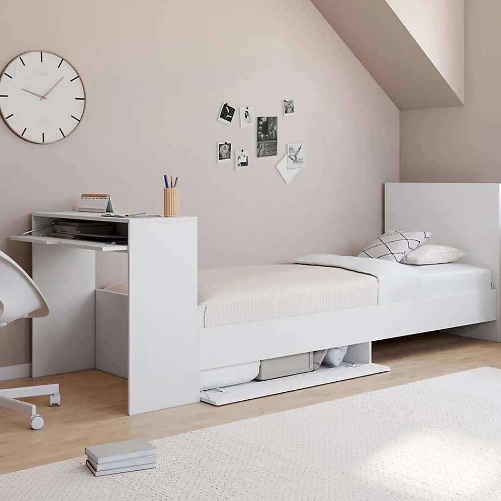 IDMarket Lit simple OMAHA 90 x 190 cm avec sommier, tête de lit, bureau et rangements blanc* Lit Avec Rangement