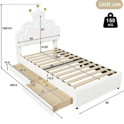 Okwish Lit Simple pour enfant 90 x 200 cm - Lit avec 2 Rangements - PU + MDF - Sans Matelas - Blanc* Lit Avec Rangement