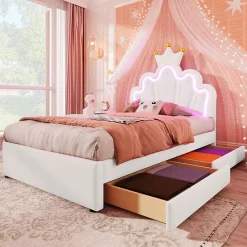 Okwish Lit Simple pour enfant 90 x 200 cm - Lit avec 2 Rangements - PU + MDF - Sans Matelas - Blanc* Lit Avec Rangement